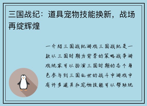 三国战纪：道具宠物技能换新，战场再绽辉煌