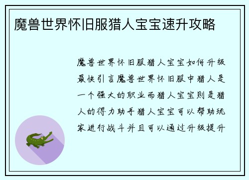 魔兽世界怀旧服猎人宝宝速升攻略