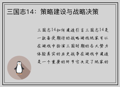 三国志14：策略建设与战略决策