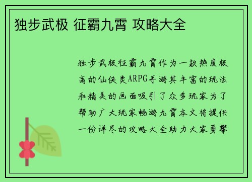 独步武极 征霸九霄 攻略大全